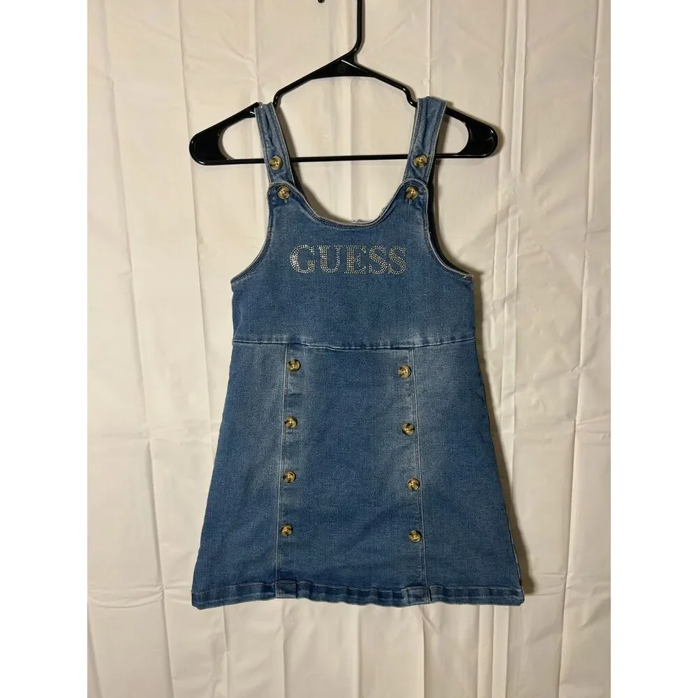 Vintage Guess Kids Denim Dress L 14 Blue Jean Overall Pinafore Rhinestone Gem